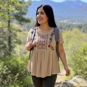Knox Rose Tan Floral Embroidered Top